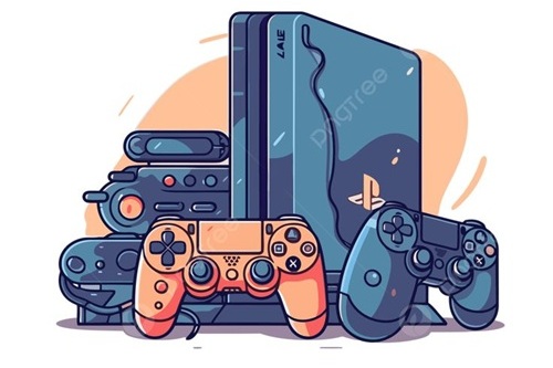 Illustration of a game monitor and controller representing console gaming