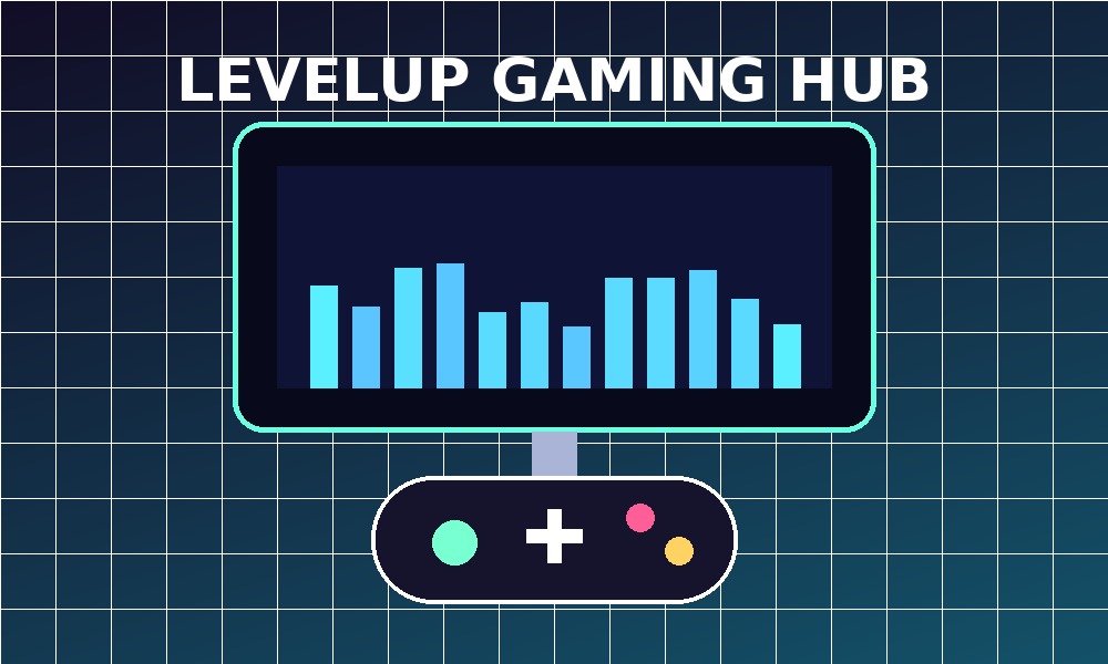 Illustrated gaming setup with monitor, controller, and colorful lights